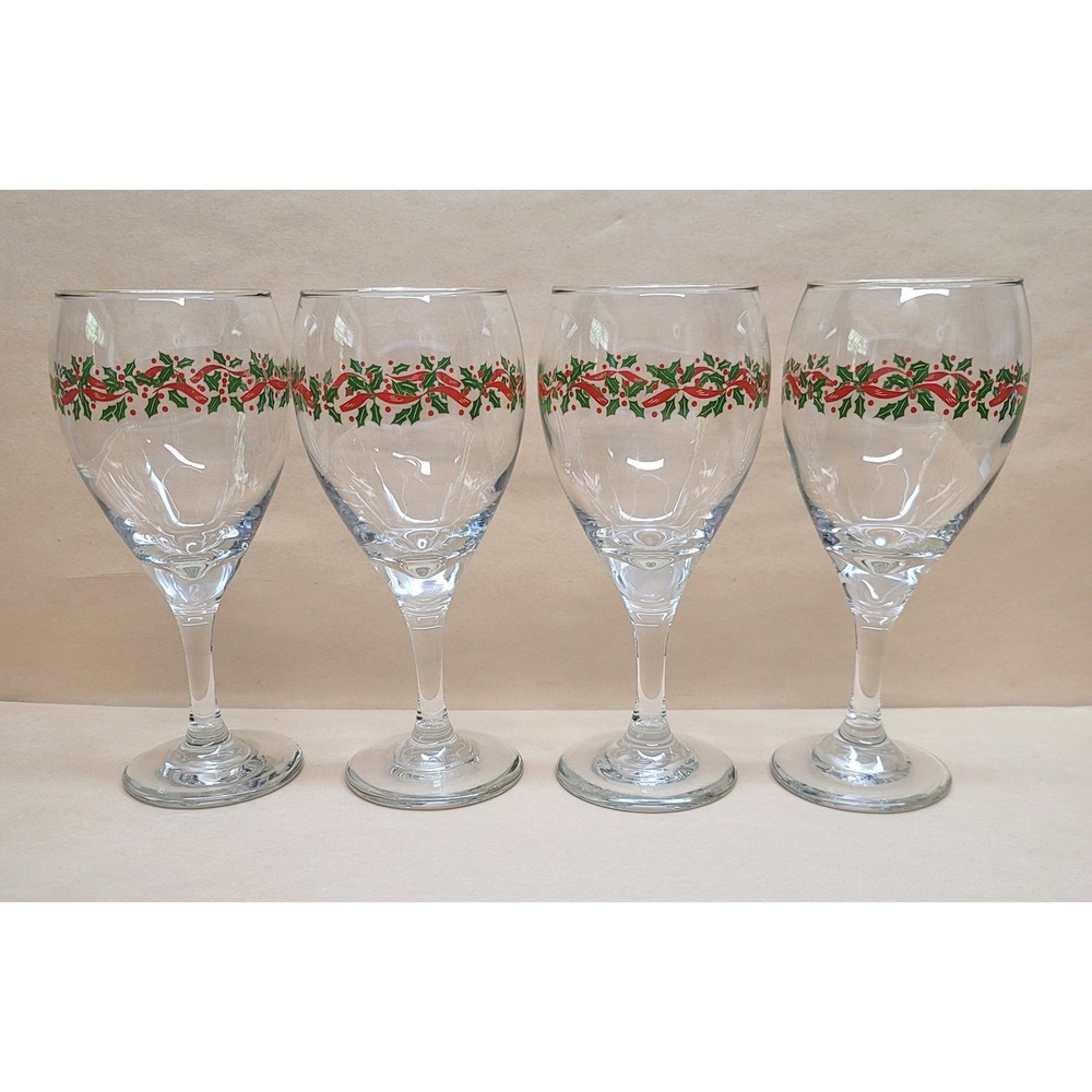 Libbey Christmas Wine Glasses Set of 4 Holly Ribbon Gold Rim Holiday Stemware